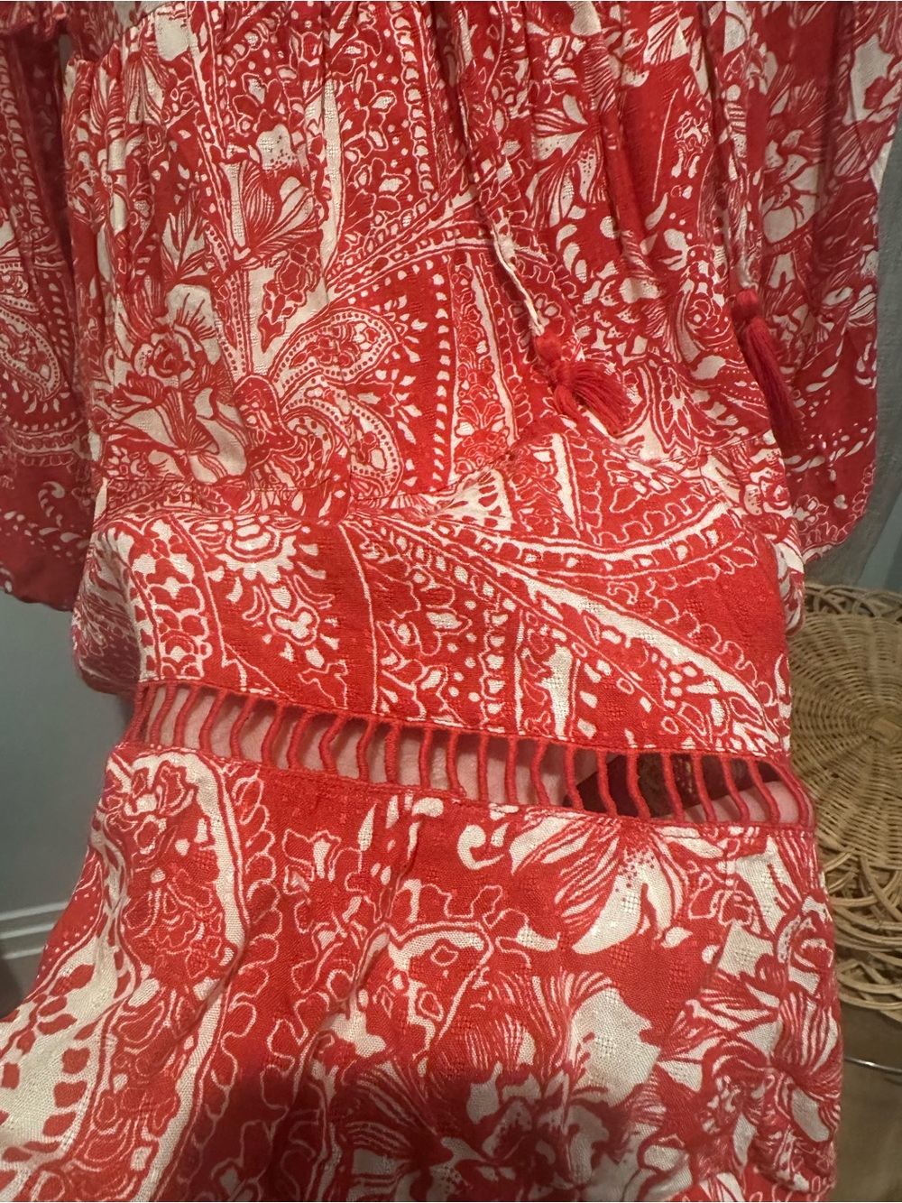 Red Paisley Floral Mini Dress with Ruffle Details - Picture 5 of 6